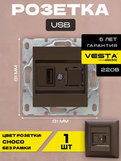 Розетка USB без рамки коричневая Choco