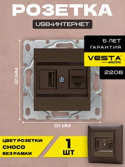 Розетка USB + LAN без рамки коричневая Choco