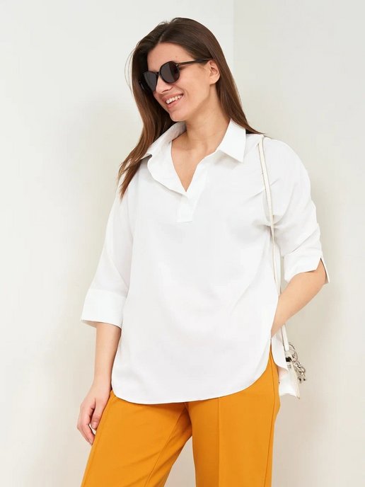 Блузка рубашка белая офисная больших размеров летняя