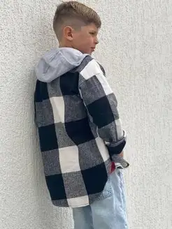Рубашка теплая в клетку оверсайз с капюшоном