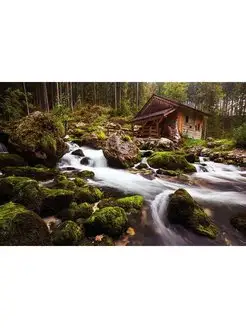 водопад и домик постер на стену