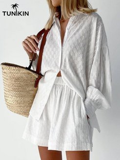 Комплект туника пляжная с шортами рубашка белая накидка TUNIKIN 152750987 купить за 2 570 ₽ в интернет-магазине Wildberries